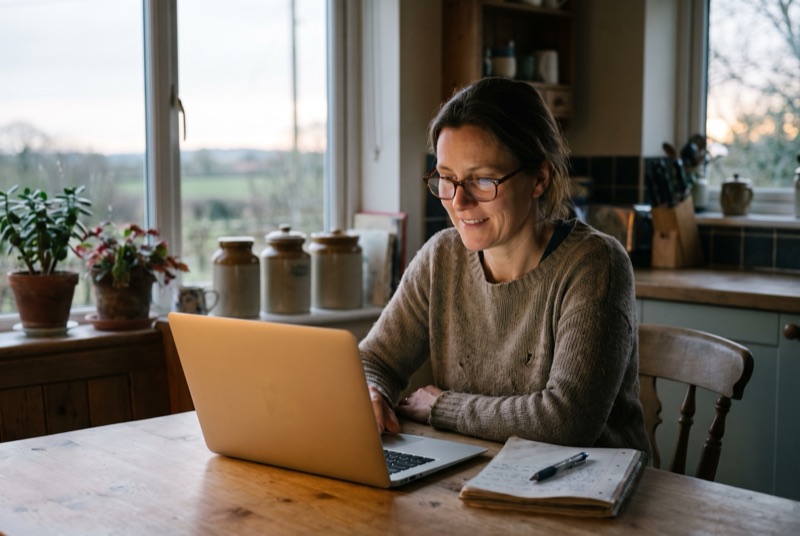 A woman learning at her kitchen table with a laptop