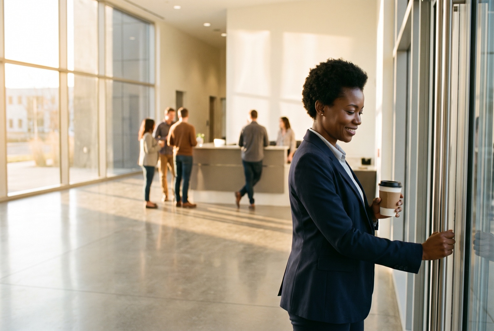 A professional smiling as she walks into a bright office on her first morning